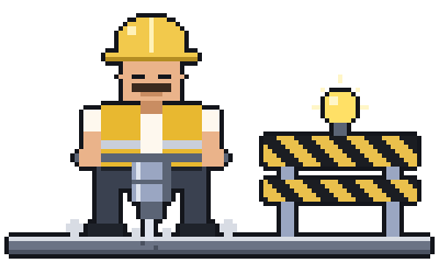 Pixel-art construction worker on a jackhammer next to a striped barricade with a blinking lamp
